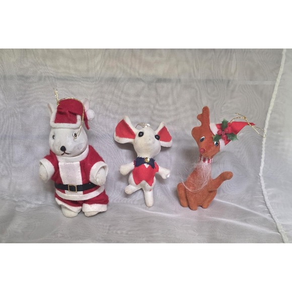 Vtg MCM Flocked Felt Christmas Ornaments Lot 3 Santa Bear Mouse Reindeer Holiday - Picture 1 of 5
